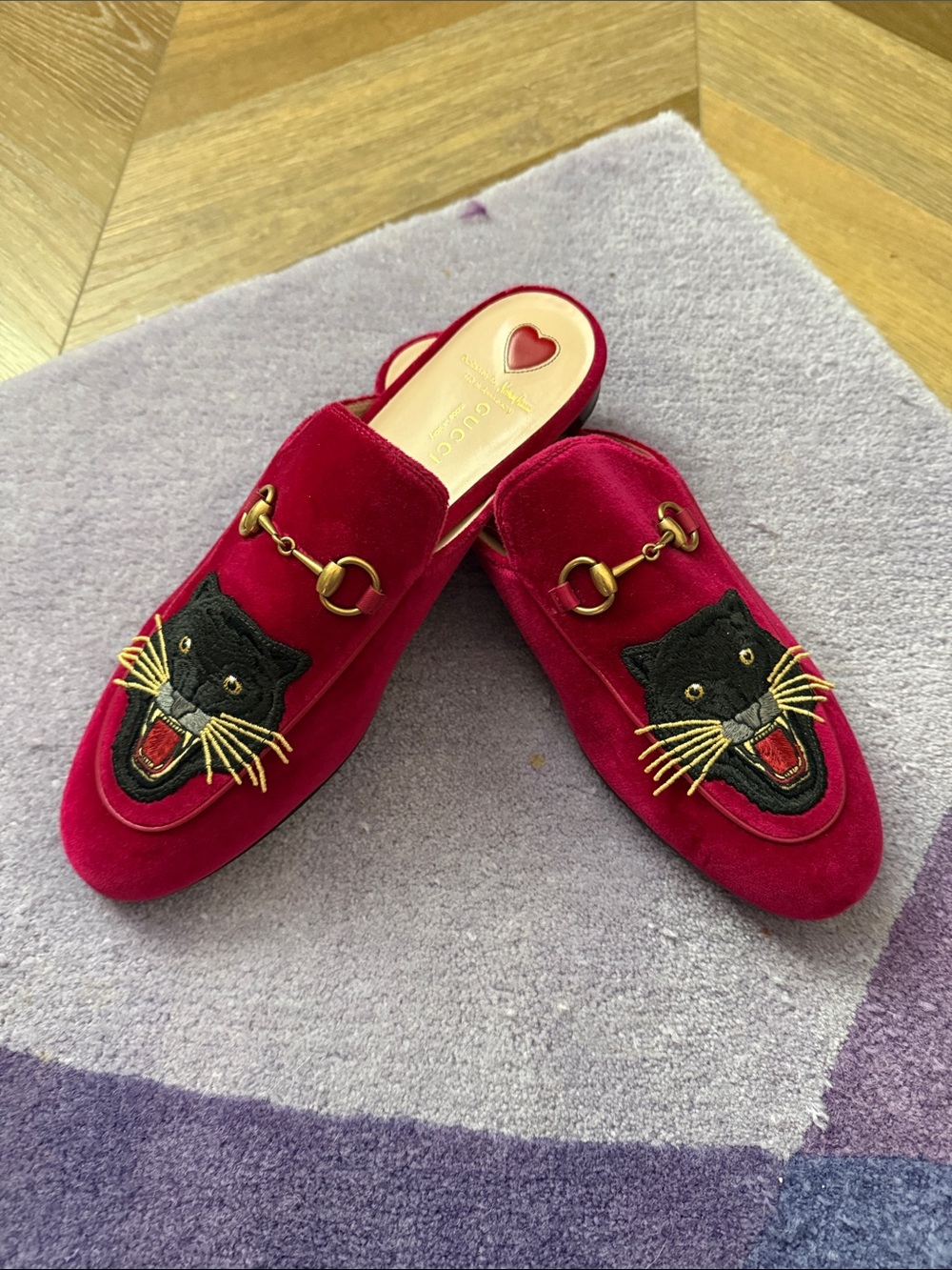 Guaranteed Authentic Gucci Red Velvet Embroidered Cat Princetown mules